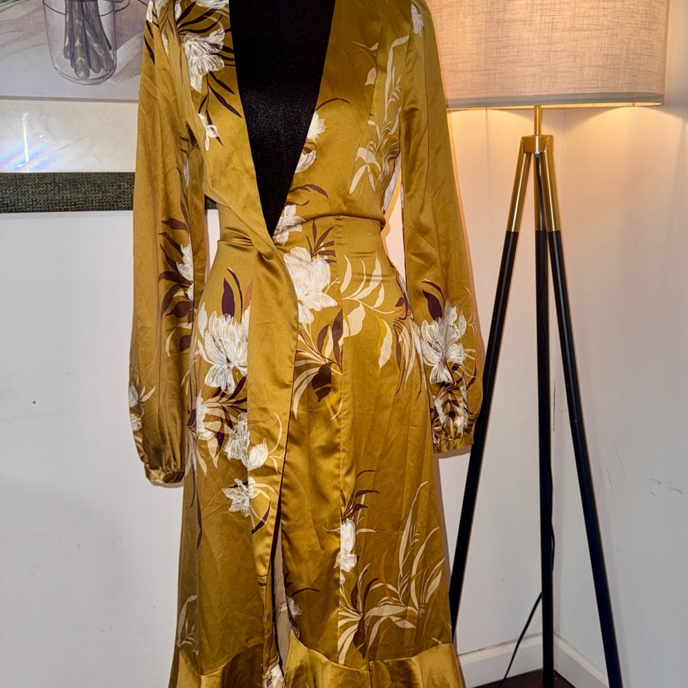 Express Mustard Floral Satin Wrap Maxi Dress with Long Sleeves - Picture 3 of 5